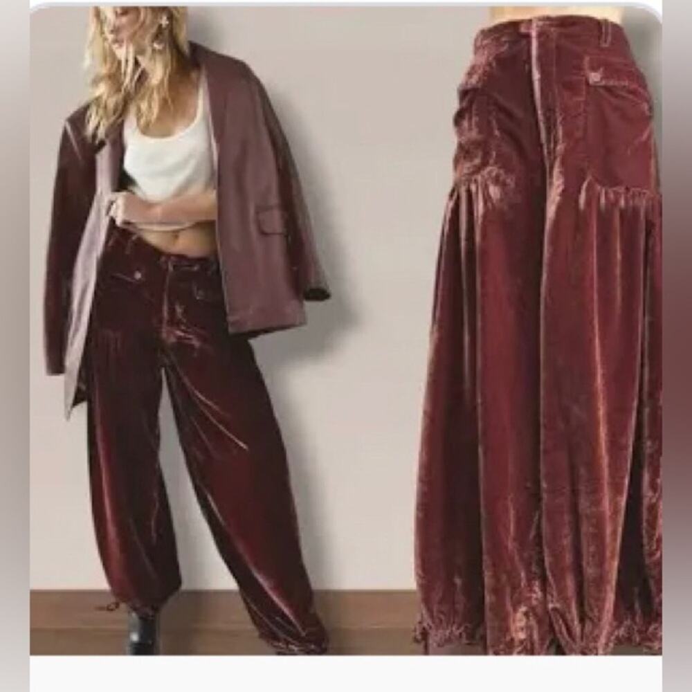Free People Lotus Velvet garnet red pants balloon-style cinched tie ankles 27